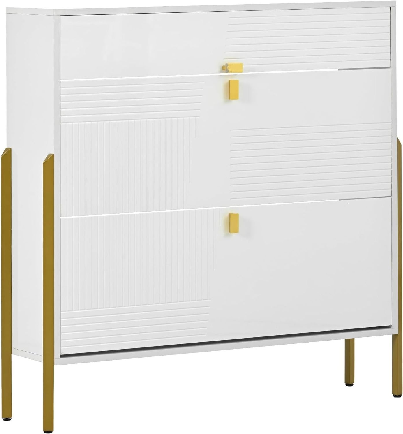 Factory Direct Modern Entryway Shoe Rack White Shoe Storage Cabinet with 2 Flip Doors & 1 Drawer Golden Legs Narrow Shoe Cabinet