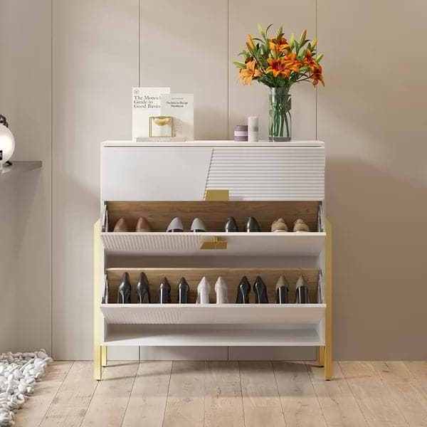 Factory Direct Modern Entryway Shoe Rack White Shoe Storage Cabinet with 2 Flip Doors & 1 Drawer Golden Legs Narrow Shoe Cabinet