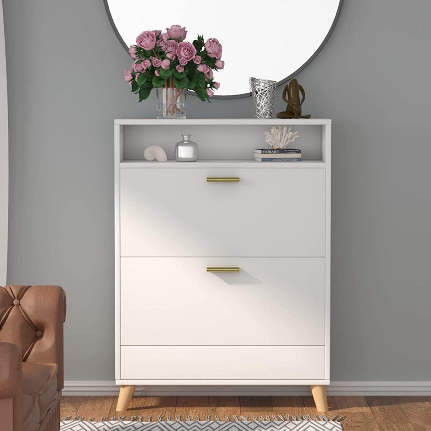 Made of high quality particle board 16 Pairs Shoe Cabinet with Open Shelf Modern Simple Shoe Rack Storage for Entryway