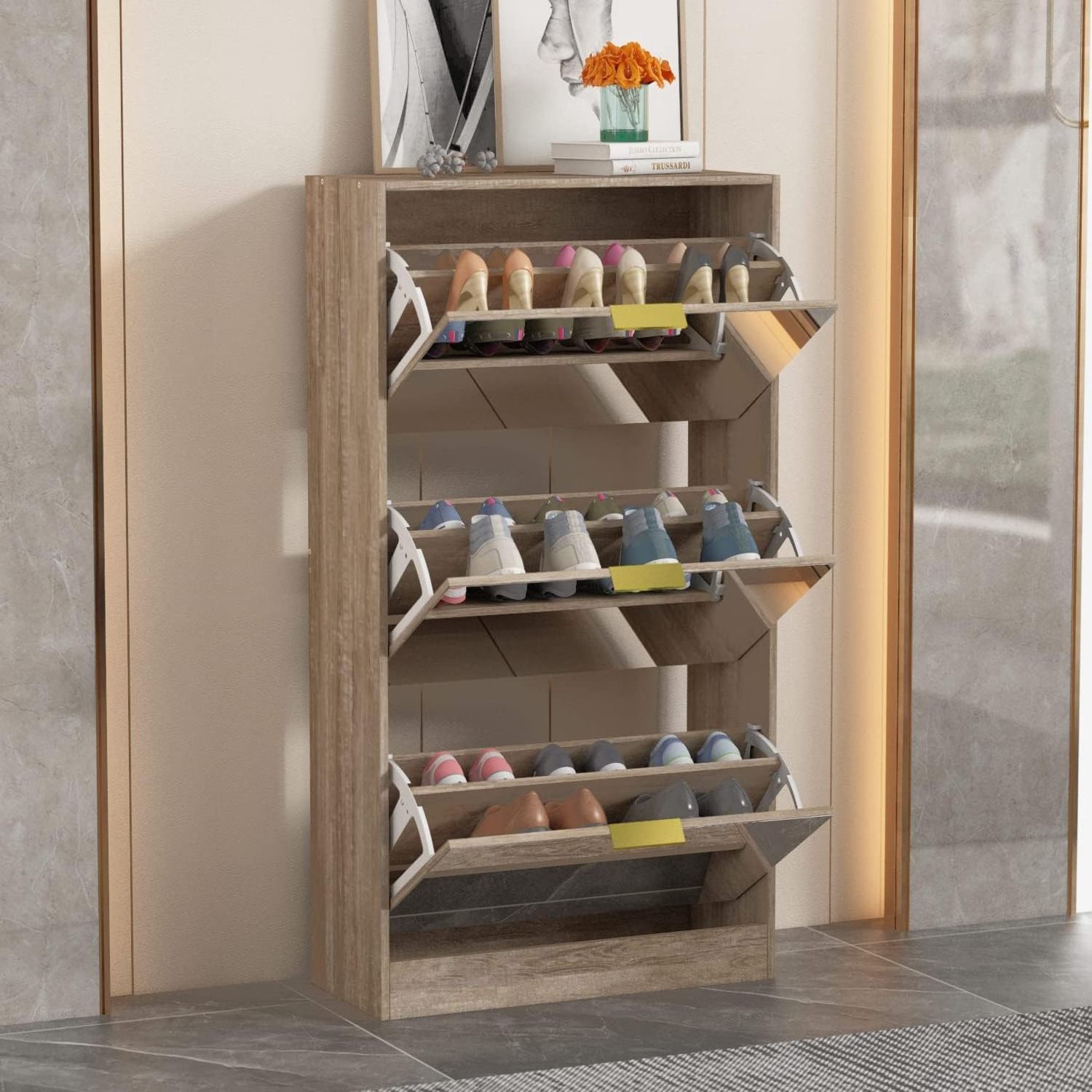 Factory Wholesale Shoe Rack with Mirror Narrow Shoe Storage Cabinet With Three Flip Mirror Drawers Slim Shoe Rack For Entryway