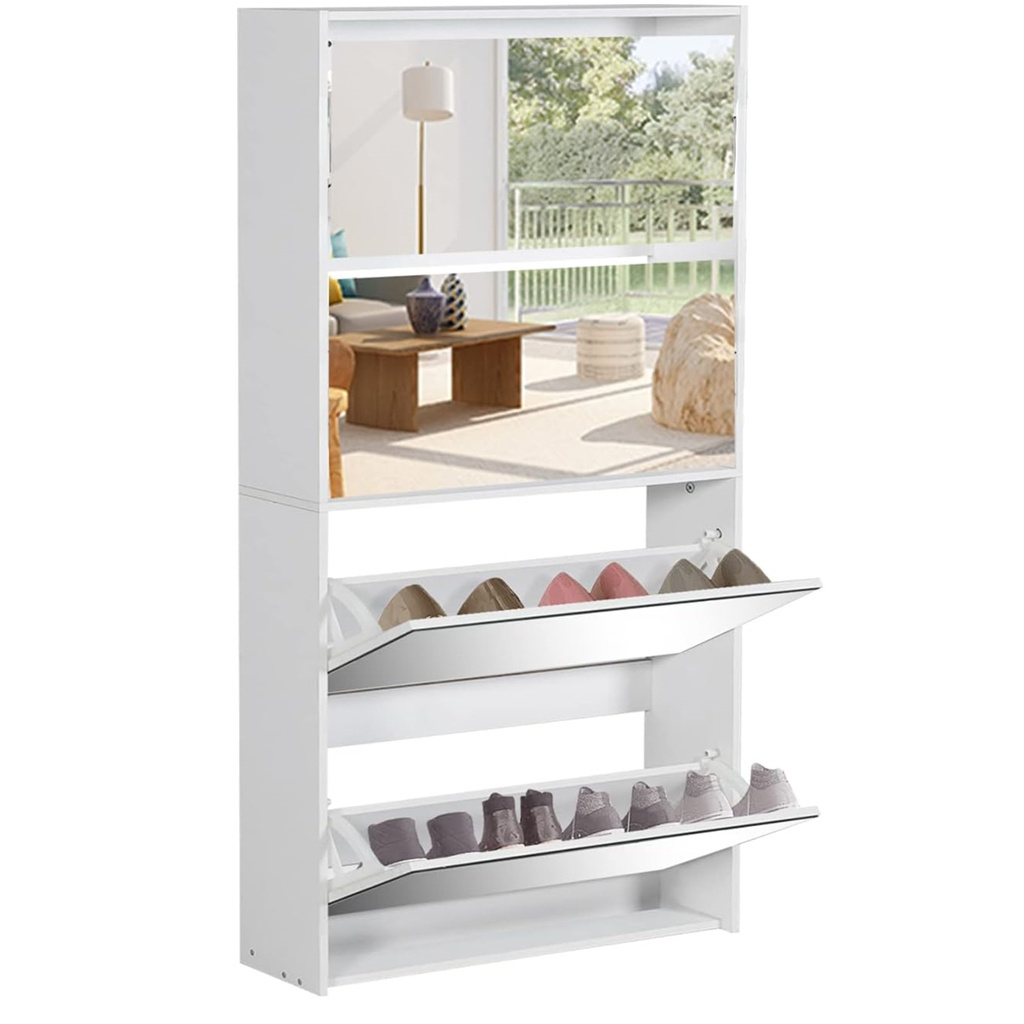 White Shoe Cabinet for Entryway Slim Narrow Freestanding Shoe Rack with 4 Flip Drawers&Mirror Wood Shoe Rack for Entryway