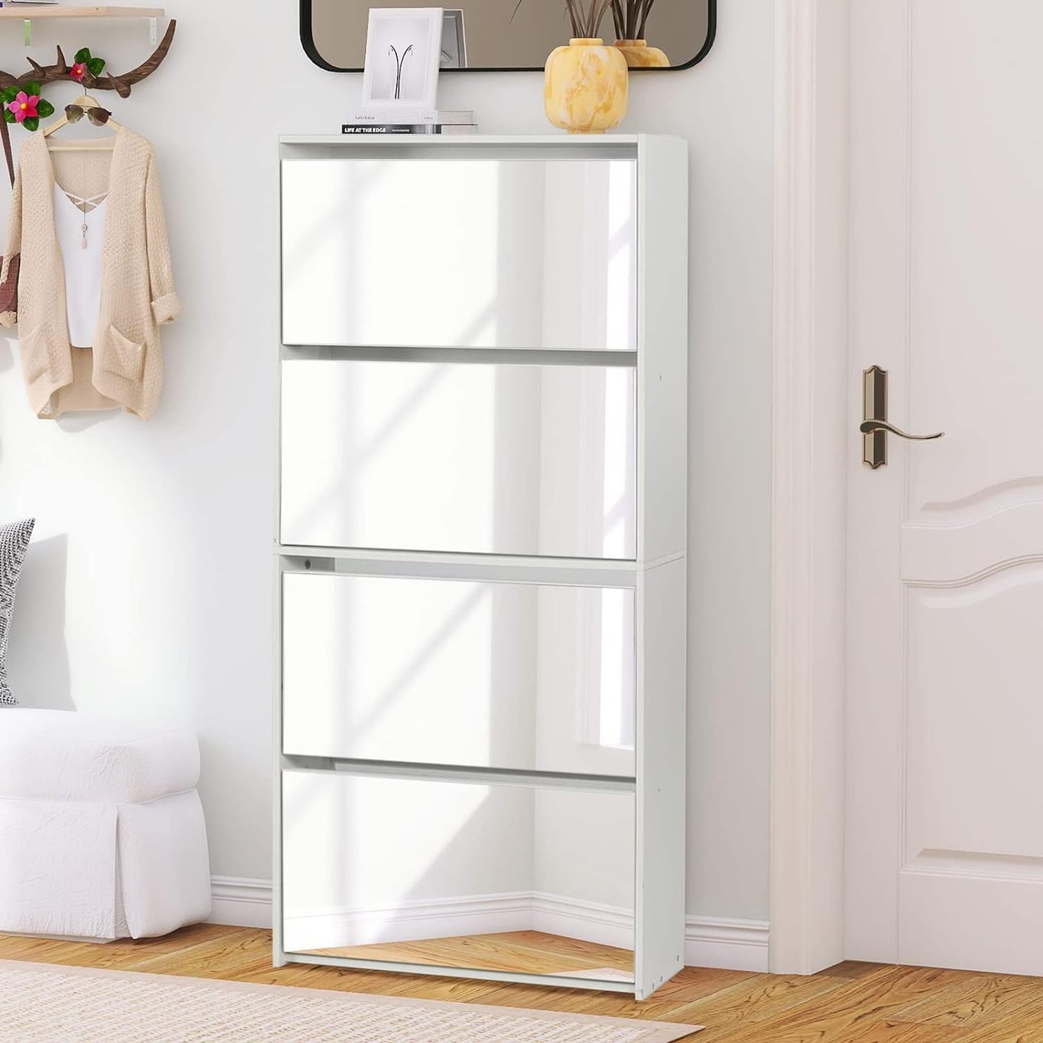 White Shoe Cabinet for Entryway Slim Narrow Freestanding Shoe Rack with 4 Flip Drawers&Mirror Wood Shoe Rack for Entryway