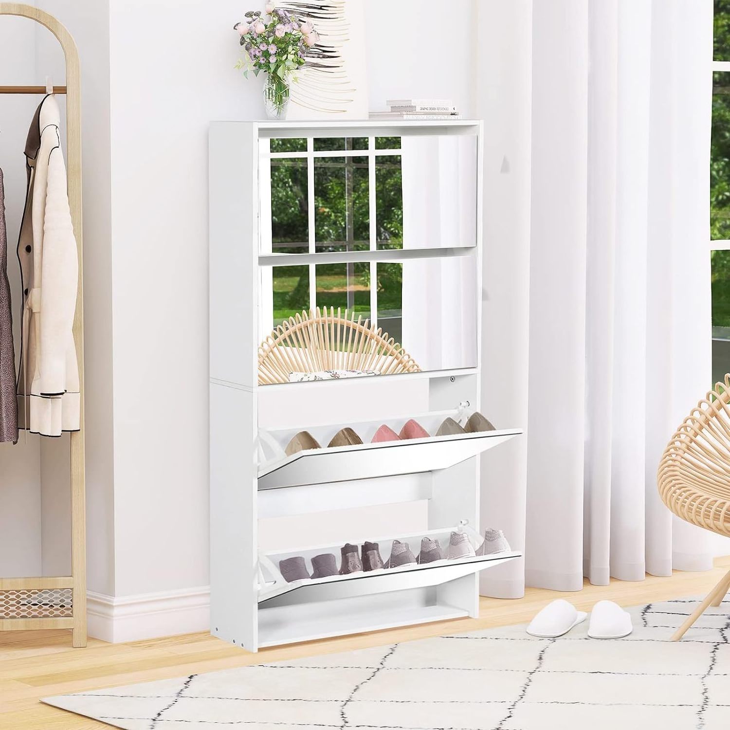 White Shoe Cabinet for Entryway Slim Narrow Freestanding Shoe Rack with 4 Flip Drawers&Mirror Wood Shoe Rack for Entryway