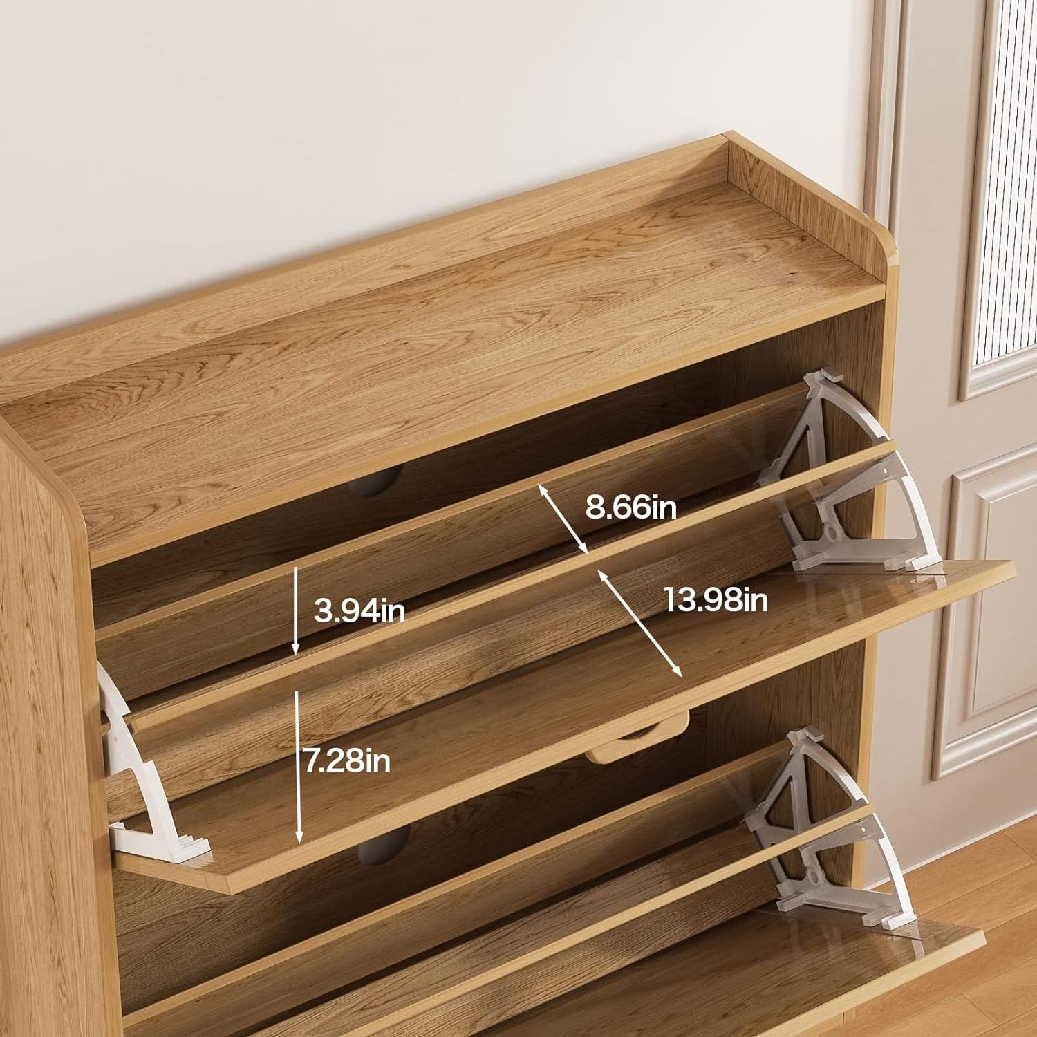 Narrow   Freestanding Shoe Cabinet Organizer with Wood Legs Shoes Storage Cabinet and rattan Flip Drawers