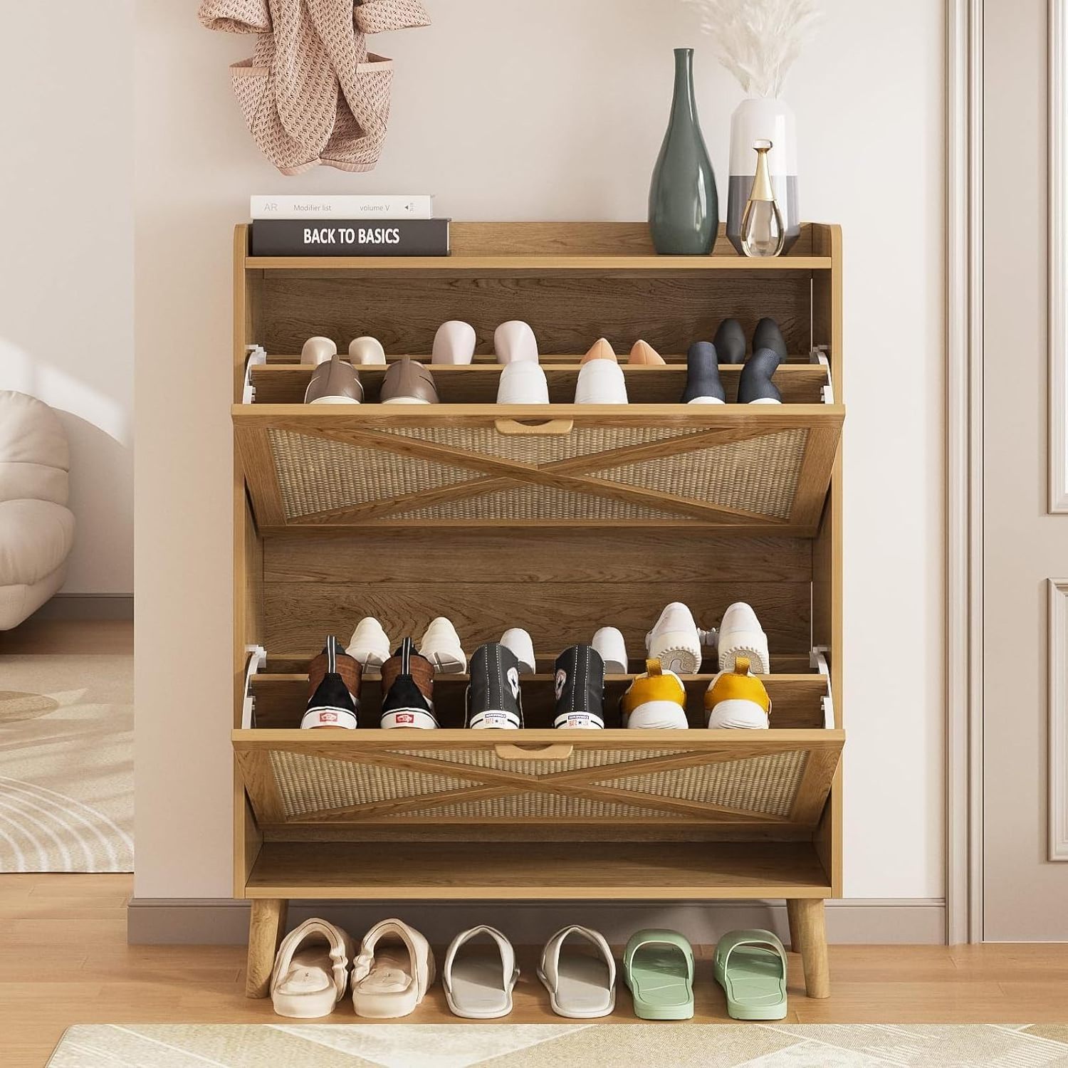 Narrow   Freestanding Shoe Cabinet Organizer with Wood Legs Shoes Storage Cabinet and rattan Flip Drawers