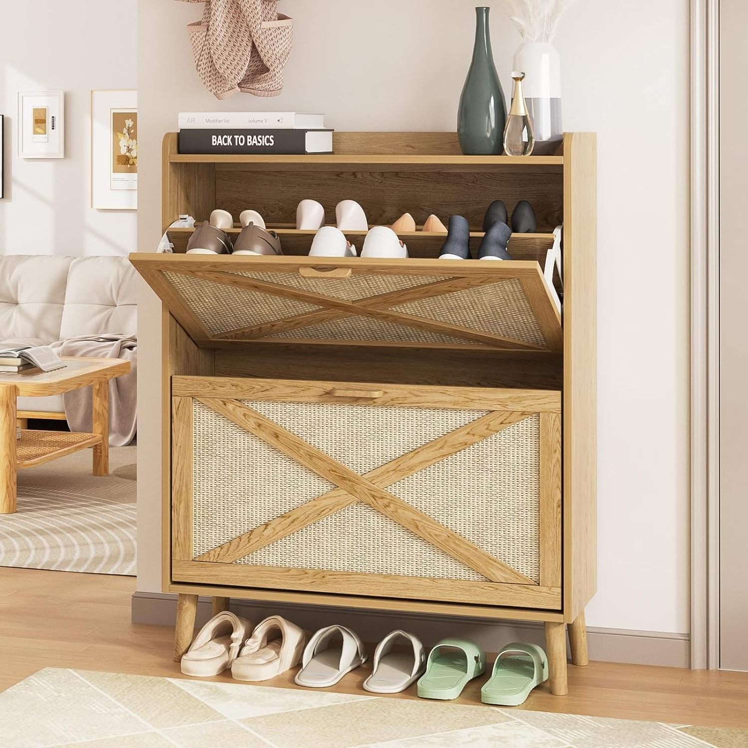 Narrow   Freestanding Shoe Cabinet Organizer with Wood Legs Shoes Storage Cabinet and rattan Flip Drawers