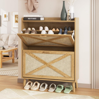 Narrow Freestanding Shoe Cabinet Organizer with Wood Legs Shoes Storage Cabinet and rattan Flip Drawers BestSuppliers