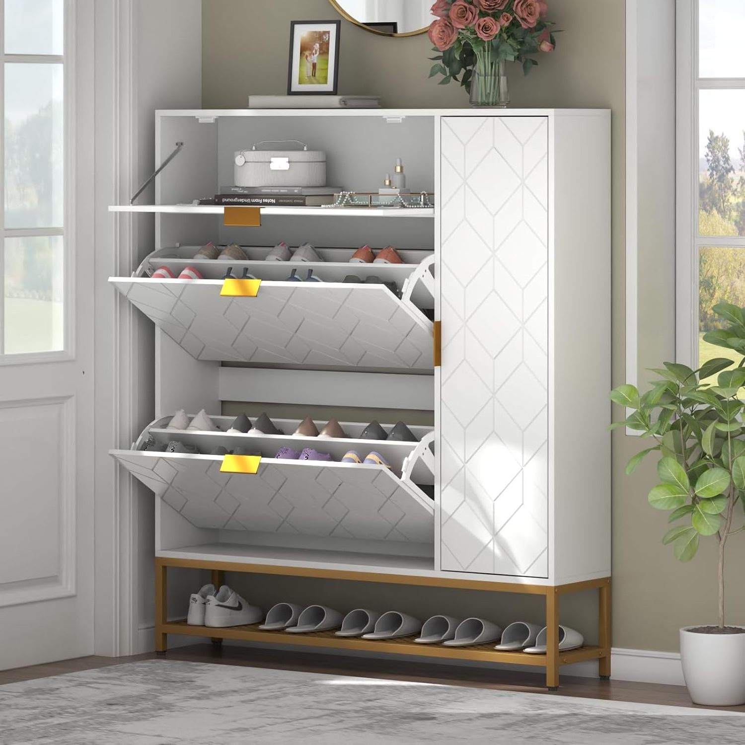 Large Capacity Shoe Rack Three Flip Drawer Shoe Rack with Boot Rack Narrow Entryway Shoe Cabinet Adjustable Storage Shelves