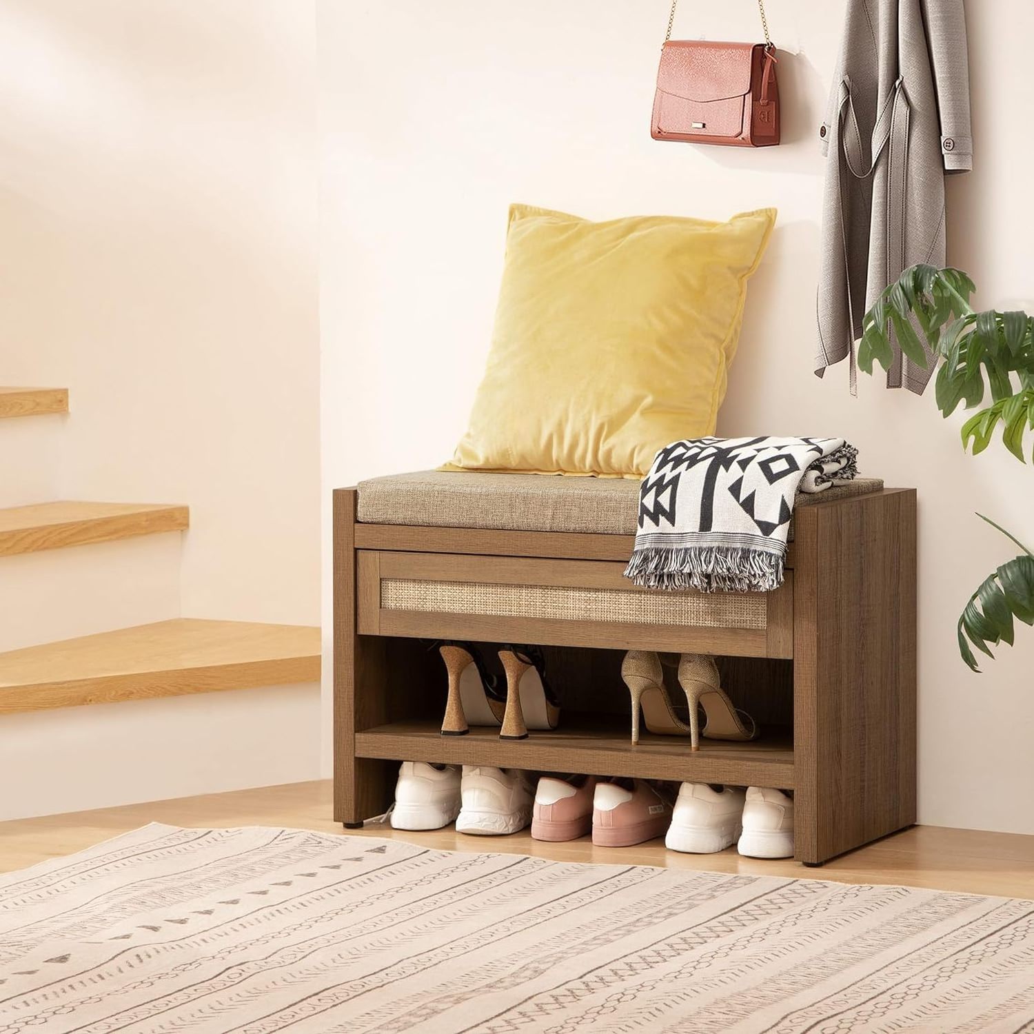 Shoe bench with storage drawer and linen cushions Farmhouse Bohemian shoe rack with bench For entrance or bedroom