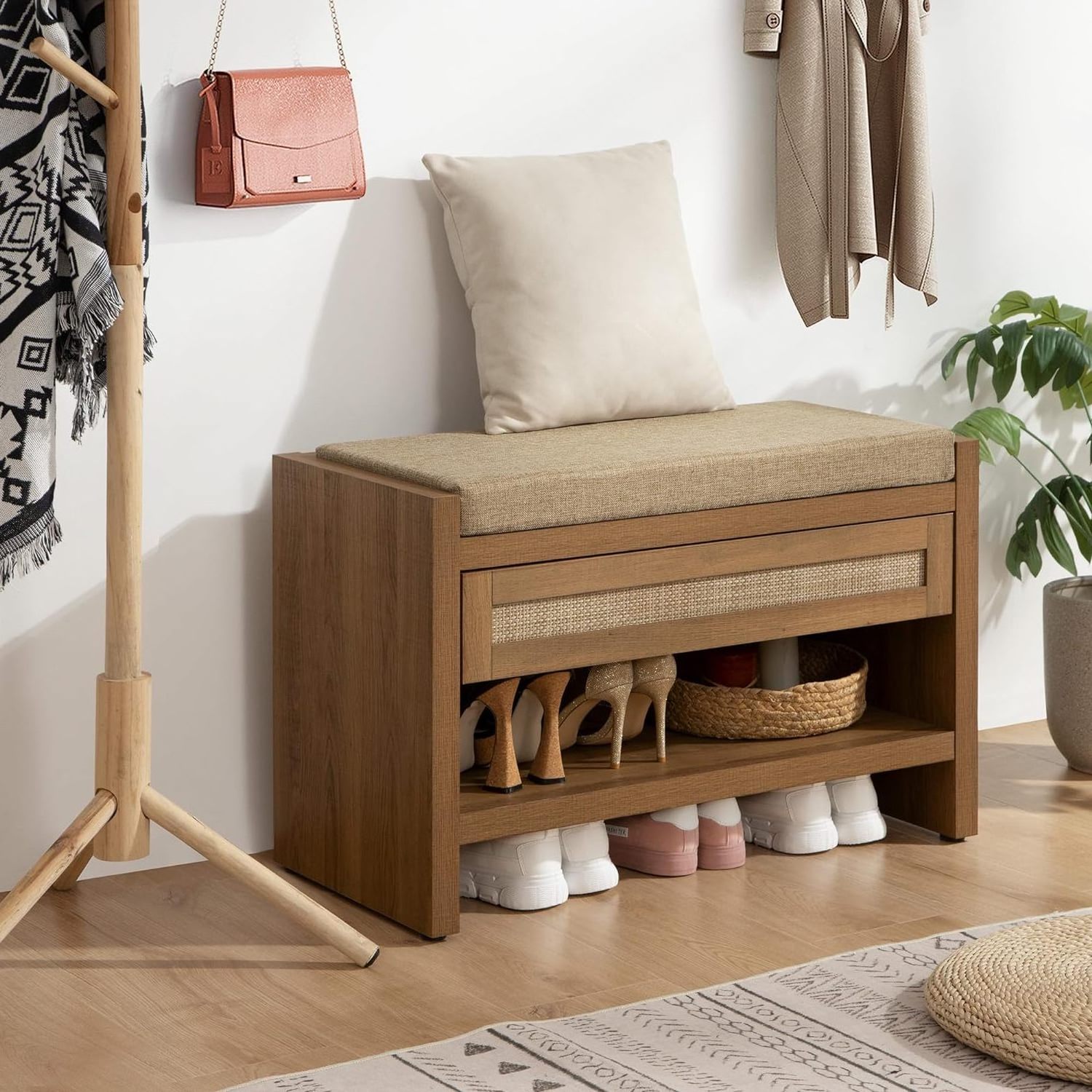 Shoe bench with storage drawer and linen cushions Farmhouse Bohemian shoe rack with bench For entrance or bedroom