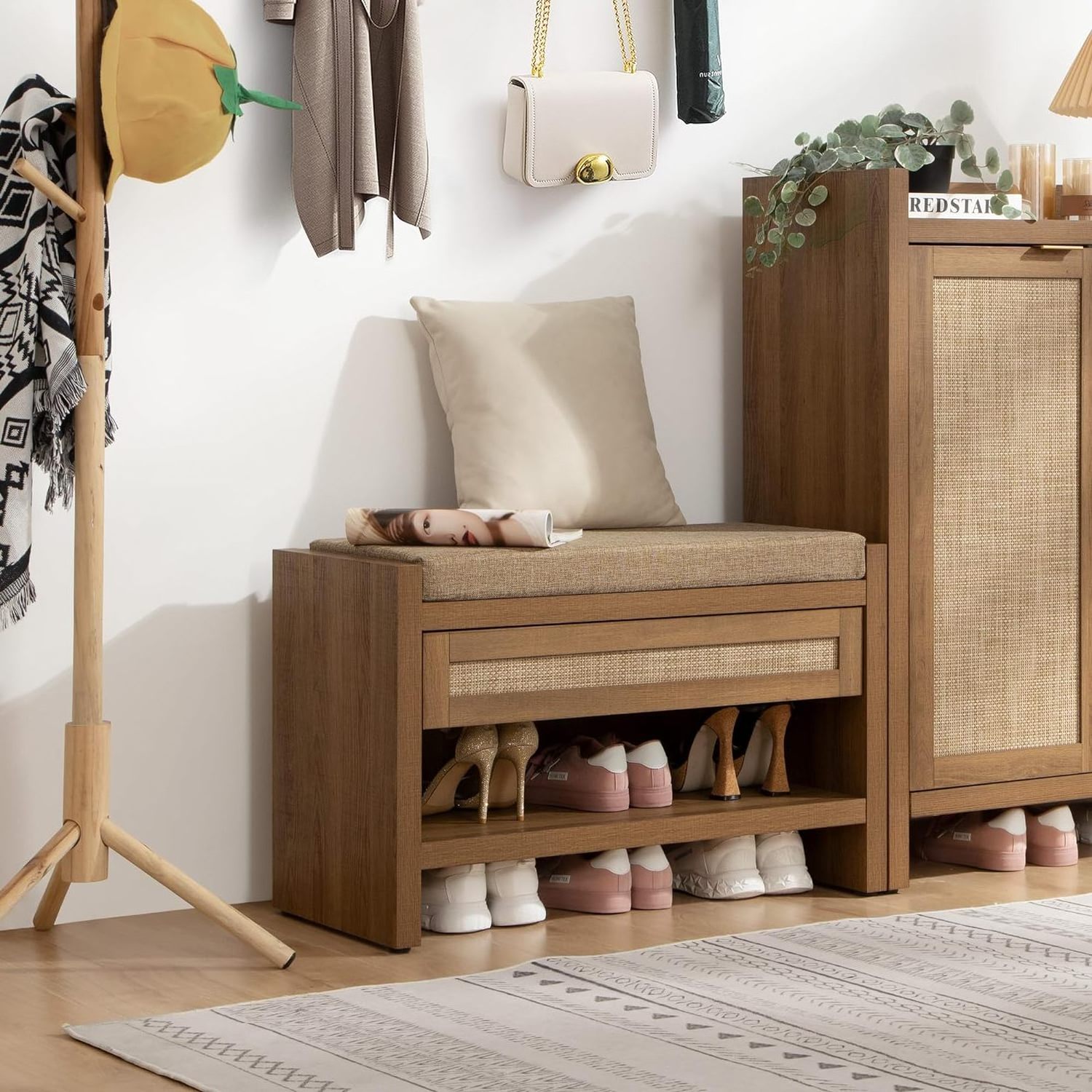 Shoe bench with storage drawer and linen cushions Farmhouse Bohemian shoe rack with bench For entrance or bedroom