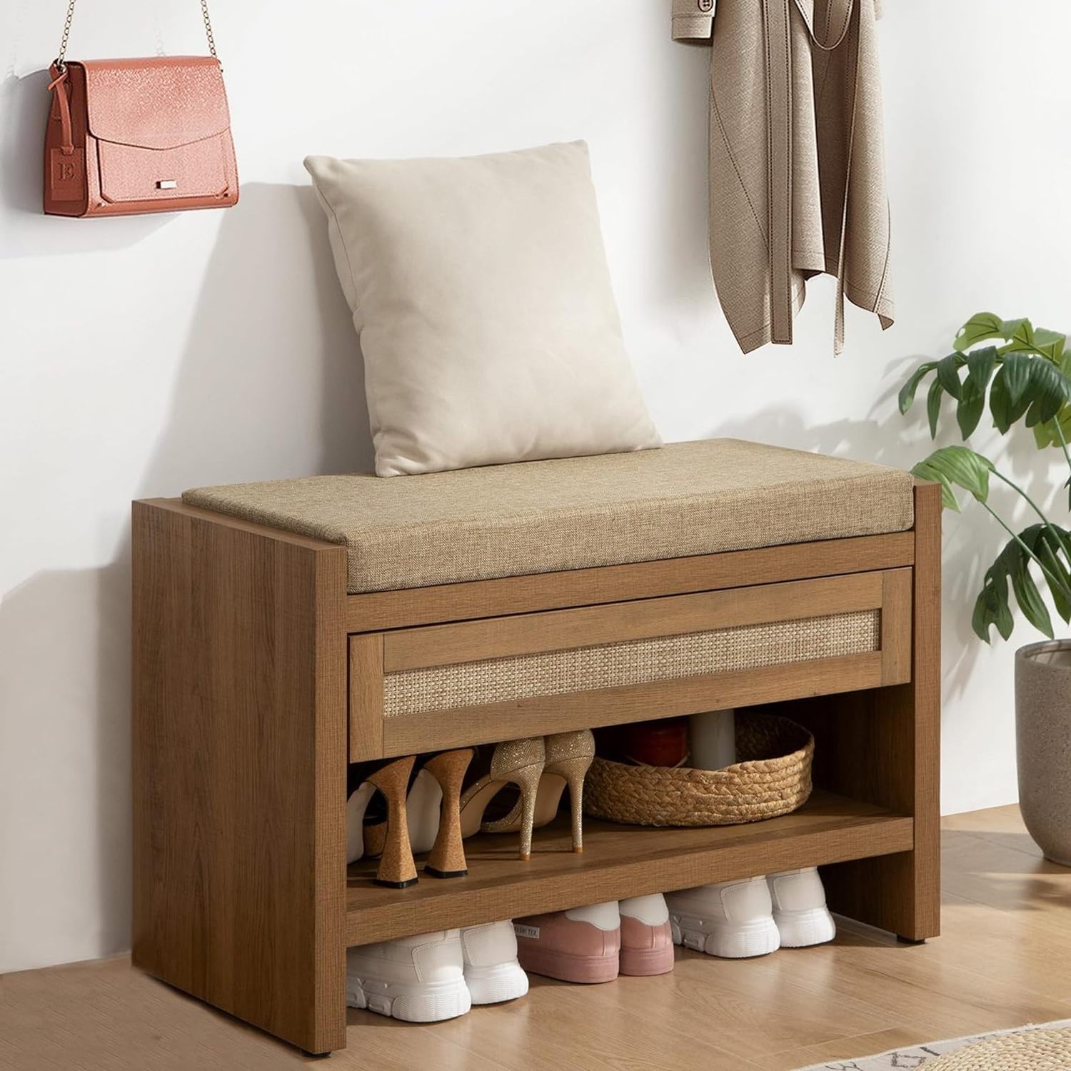 Shoe bench with storage drawer and linen cushions Farmhouse Bohemian shoe rack with bench For entrance or bedroom