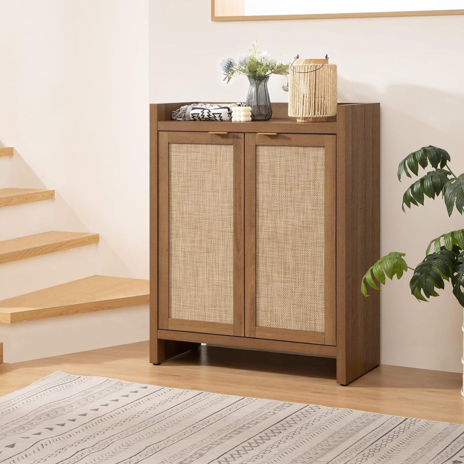 Large Capacity Bohemian Shoe Cabinet 41'' High Rattan Shoe Cabinet With Two Doors And Adjustable Storage Shelves For Hallway