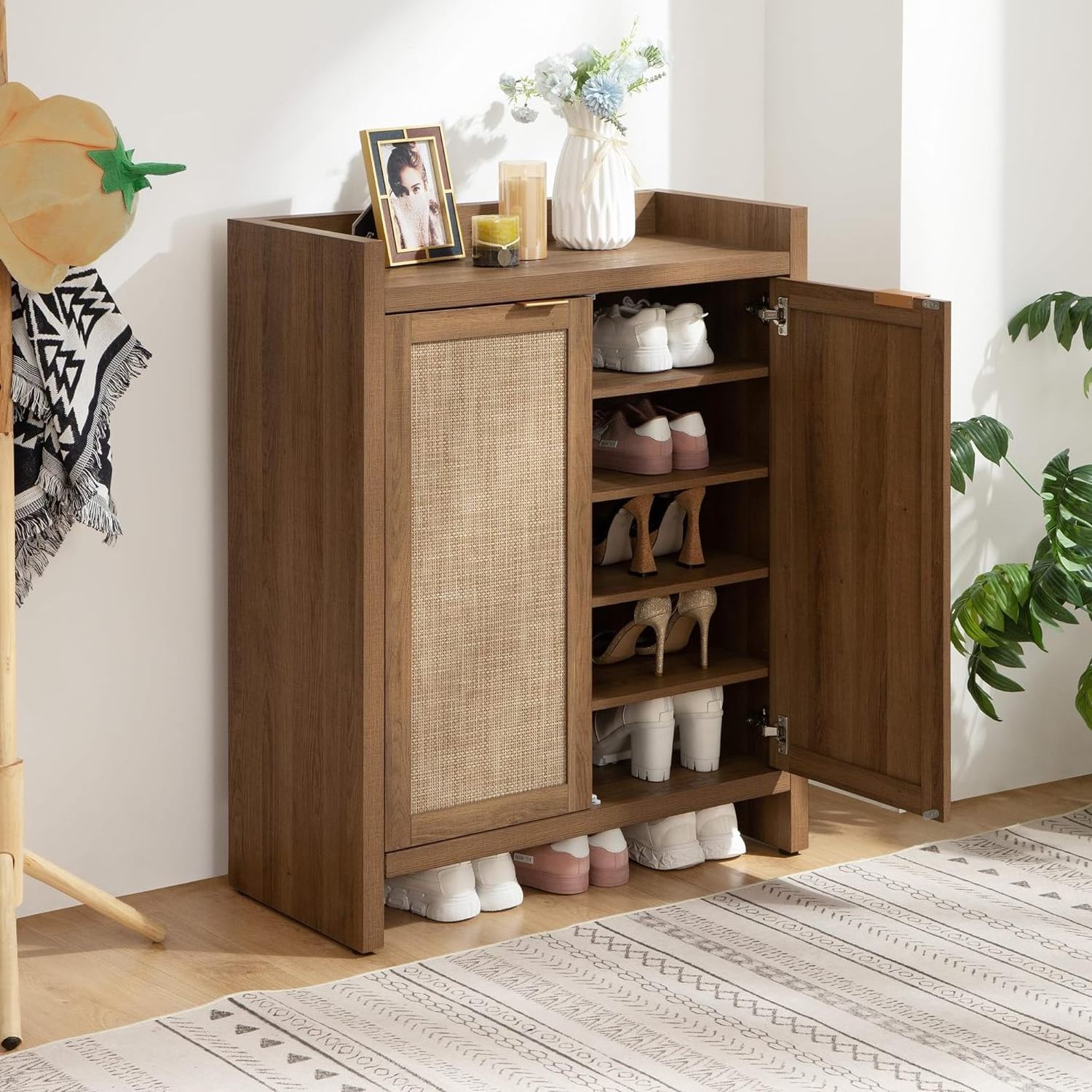 Large Capacity Bohemian Shoe Cabinet 41'' High Rattan Shoe Cabinet With Two Doors And Adjustable Storage Shelves For Hallway