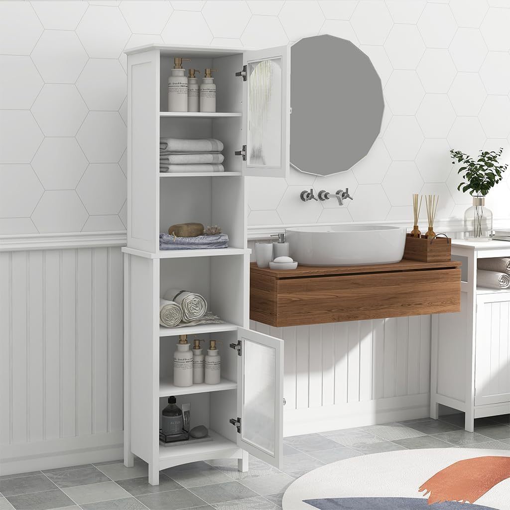 Elegant High Bathroom Storage Cabinet Freestanding Food Cabinet with Glass Doors and Open Shelves For Bathroom