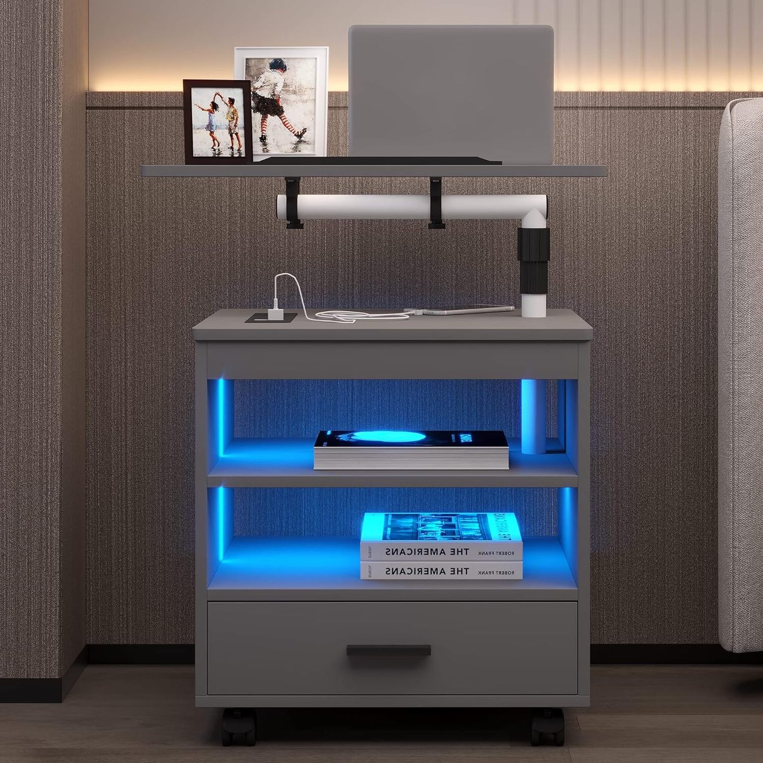 Tech Nightstands Modern LED Nightstand with Charging Station Swivel Top Bedside Table ...
