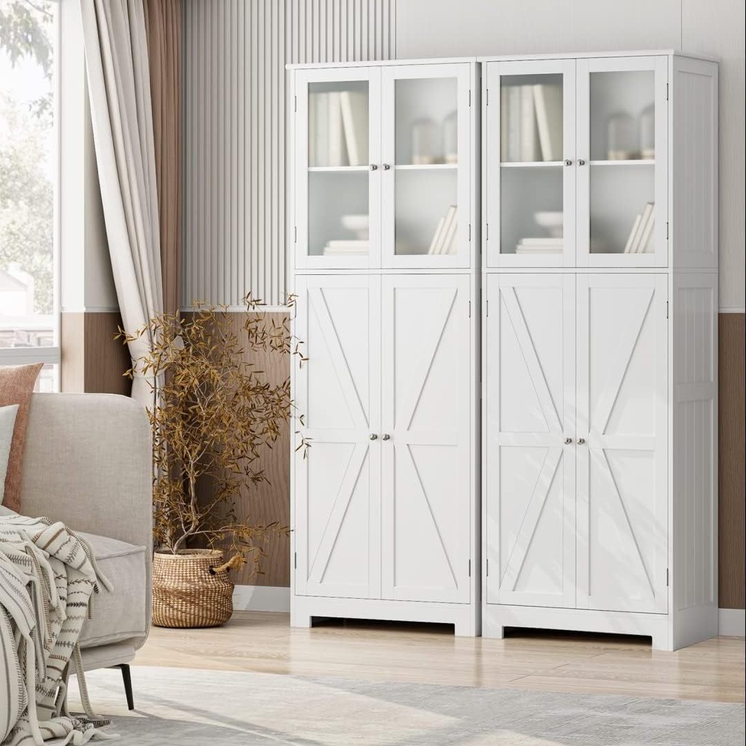 Farmhouse 4 Door Accent Cabinet with 2 Glass Doors and Adjustable Shelves Barn Door Design Large Capacity Storage Cabinet