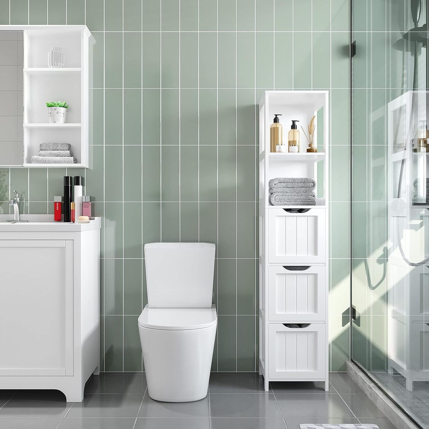 Bathroom Tall Cabinet Slim Storage Cabinet Narrow Freestanding Floor Cabinet with 3 Drawers & 2 Shelves