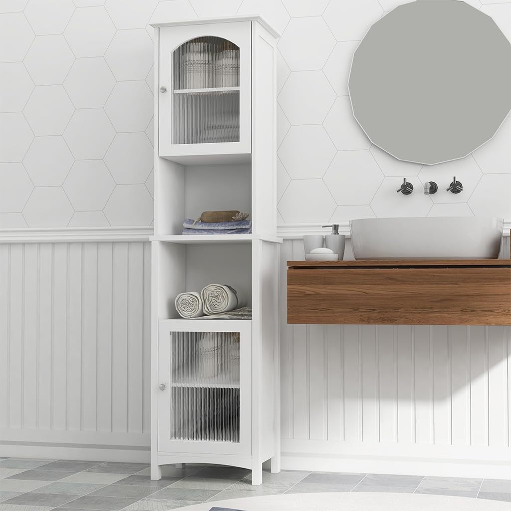 Elegant High Bathroom Storage Cabinet Freestanding Food Cabinet with Glass Doors and Open Shelves For Bathroom