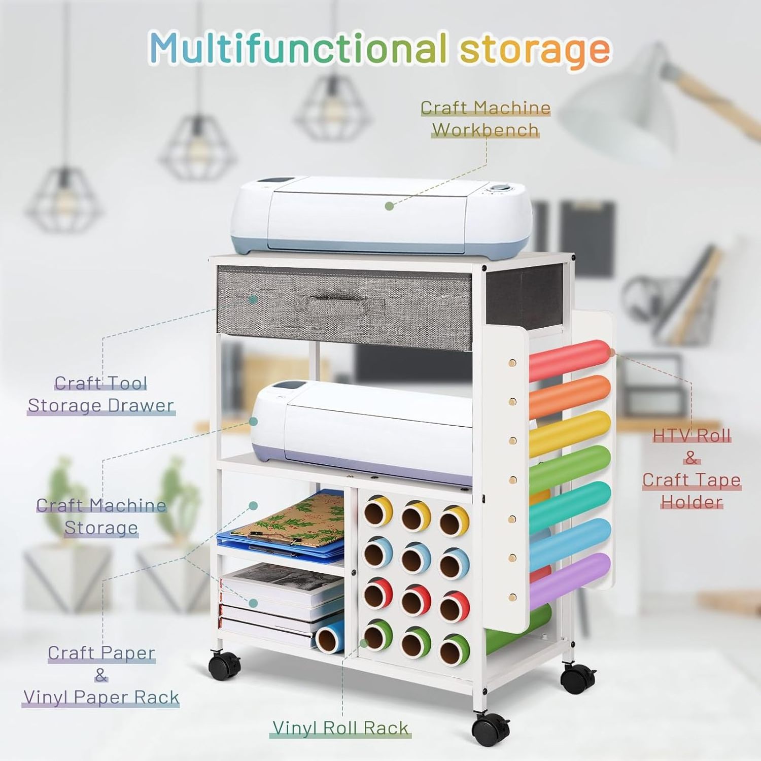 Organization and Storage Cart Compatible with Cricut Machine Craft Cabinet with Vinyl Roll HolderandDrawer Rolling Craft Storage