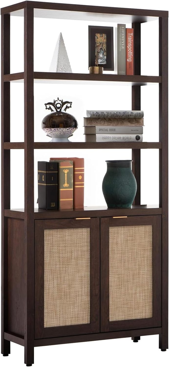 Multi-functional bookcase 5 shelves with two rattan doors Tall bookcase with double door storage for bedroom library living room