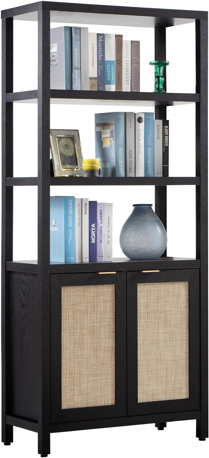 Multi-functional bookcase 5 shelves with two rattan doors Tall bookcase with double door storage for bedroom library living room