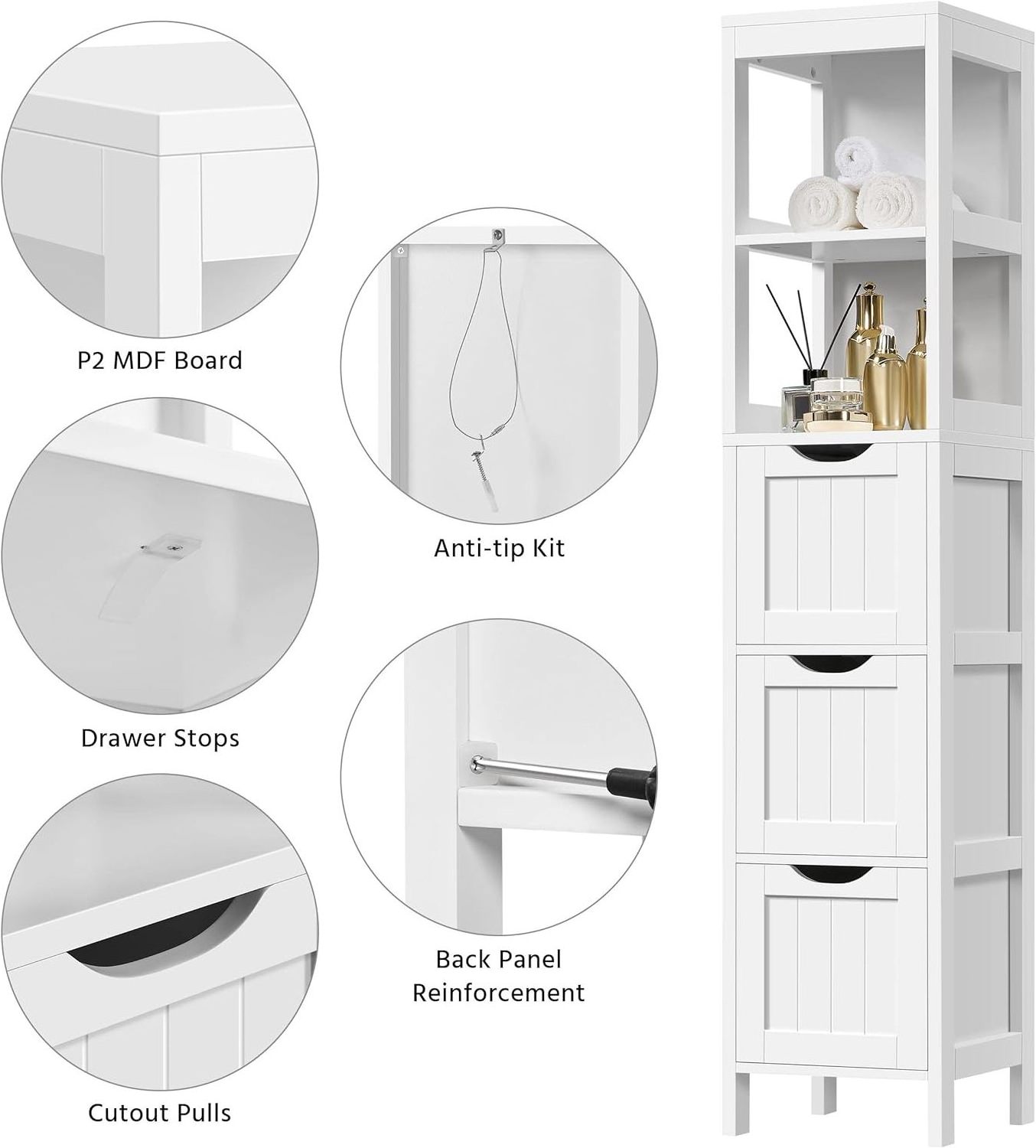 Bathroom Tall Cabinet Slim Storage Cabinet Narrow Freestanding Floor Cabinet with 3 Drawers & 2 Shelves