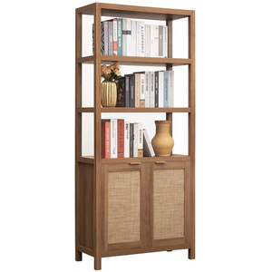 Multi-functional bookcase 5 shelves with two rattan doors Tall bookcase with double door storage for bedroom library living room