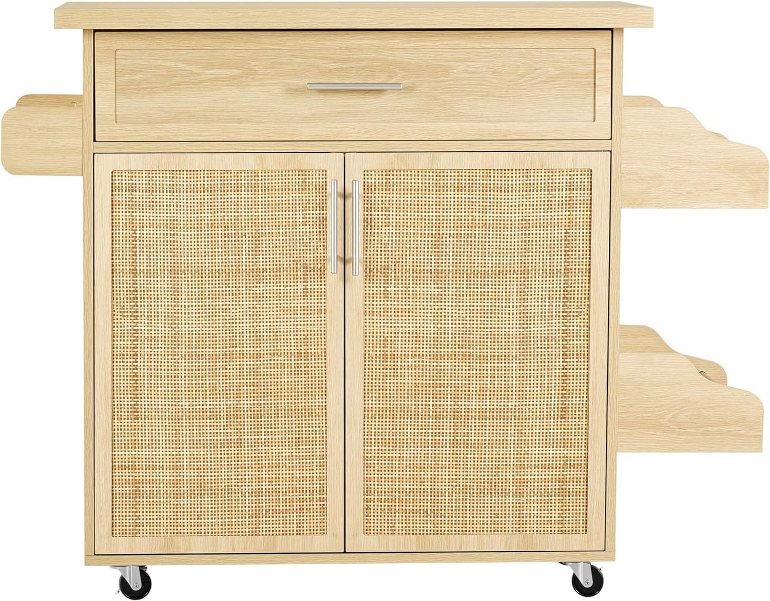 Kitchen Island cart on Wheels - Rolling Kitchen Storage Cabinet with Drawer - Boho Hand Woven Rattan Microwave Stand