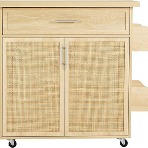 Kitchen Island cart on Wheels - Rolling Kitchen Storage Cabinet with Drawer - Boho Hand Woven Rattan Microwave Stand