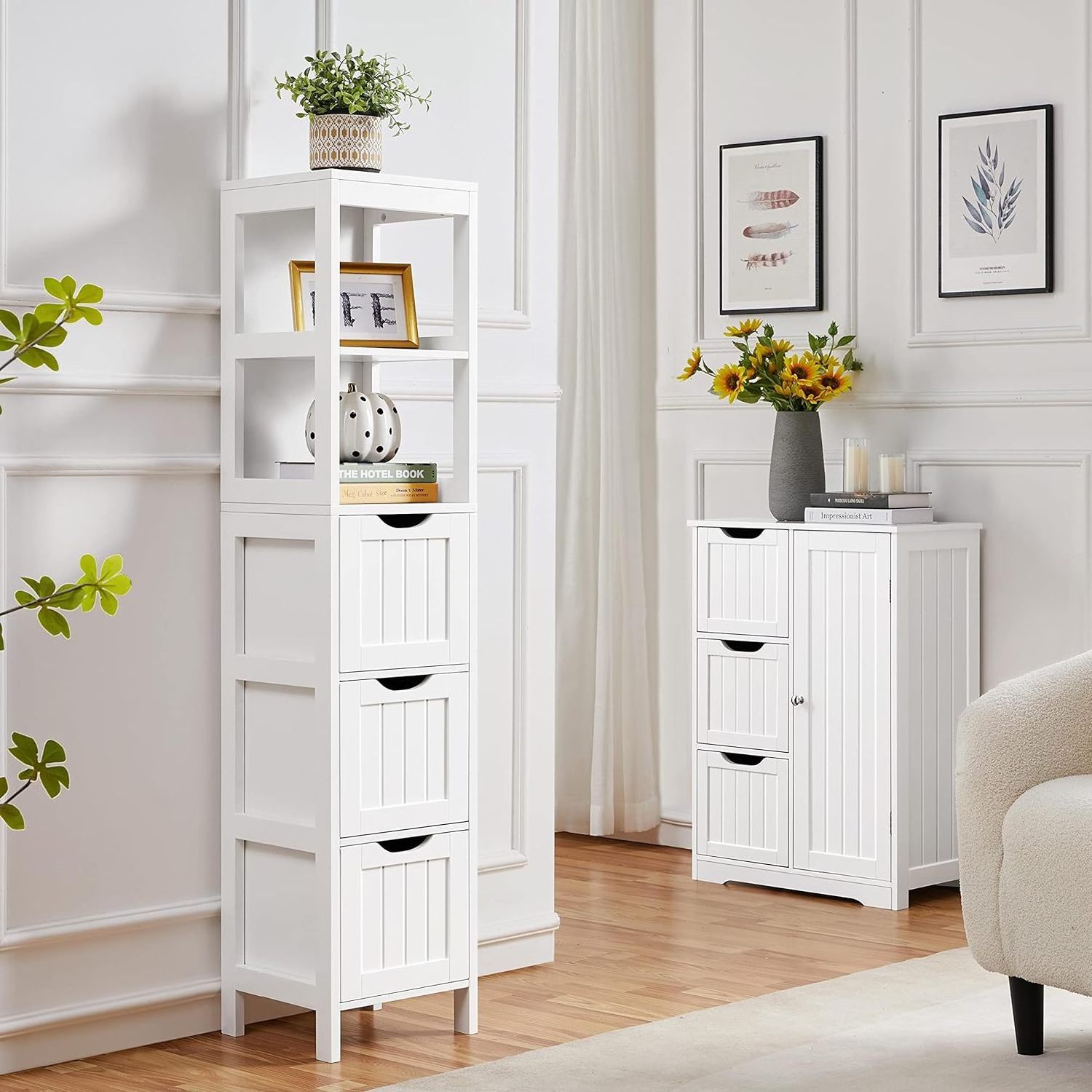 Bathroom Tall Cabinet Slim Storage Cabinet Narrow Freestanding Floor Cabinet with 3 Drawers & 2 Shelves