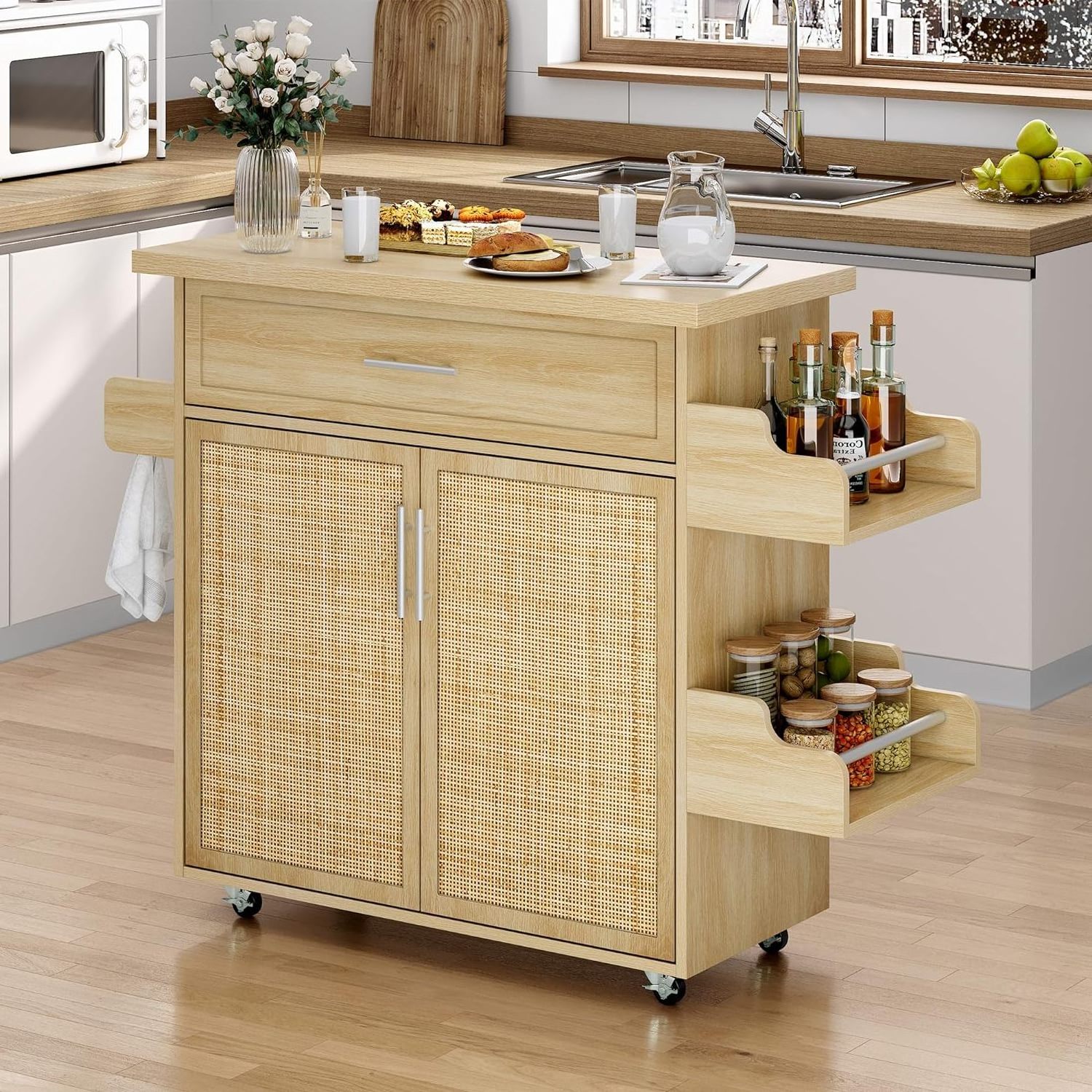 Kitchen Island cart on Wheels - Rolling Kitchen Storage Cabinet with Drawer - Boho Hand Woven Rattan Microwave Stand