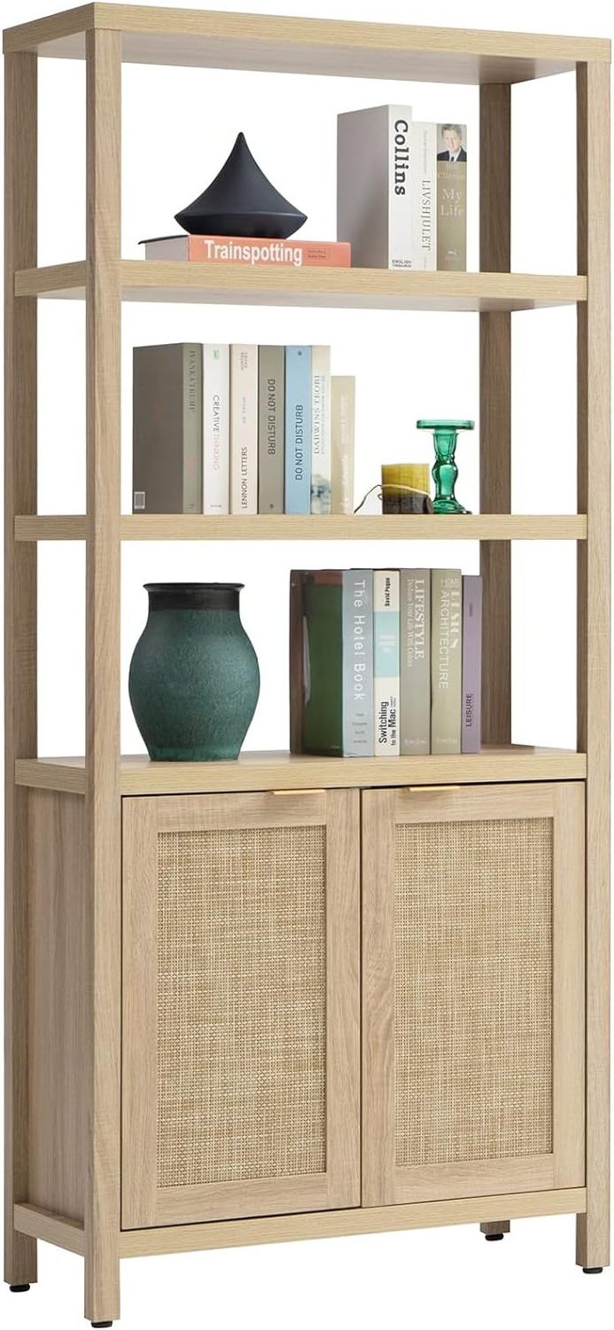 Multi-functional bookcase 5 shelves with two rattan doors Tall bookcase with double door storage for bedroom library living room