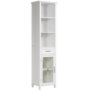 Wooden Freestanding Floor Linen Cabinet with 1 Drawer 3 Adjustable Shelves 6 Storage Spaces and 1 Tempered Glass Door