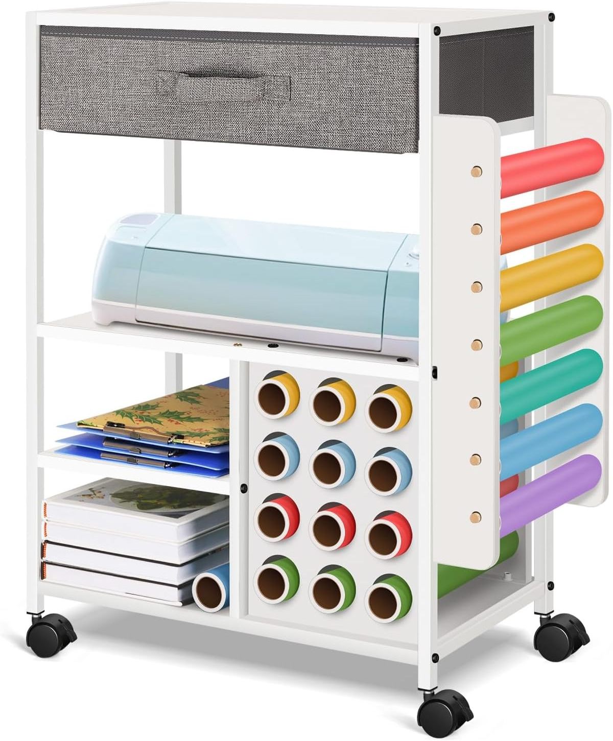 Organization and Storage Cart Compatible with Cricut Machine Craft Cabinet with Vinyl Roll HolderandDrawer Rolling Craft Storage