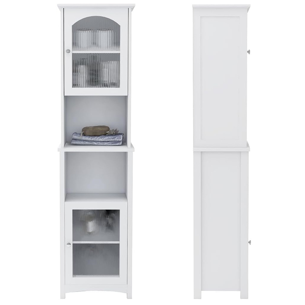 Elegant High Bathroom Storage Cabinet Freestanding Food Cabinet with Glass Doors and Open Shelves For Bathroom