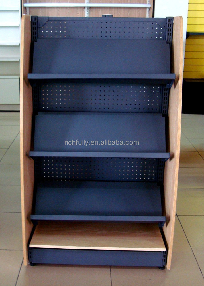 Steel and wood combined shelf stationery display rack for supermarket or store