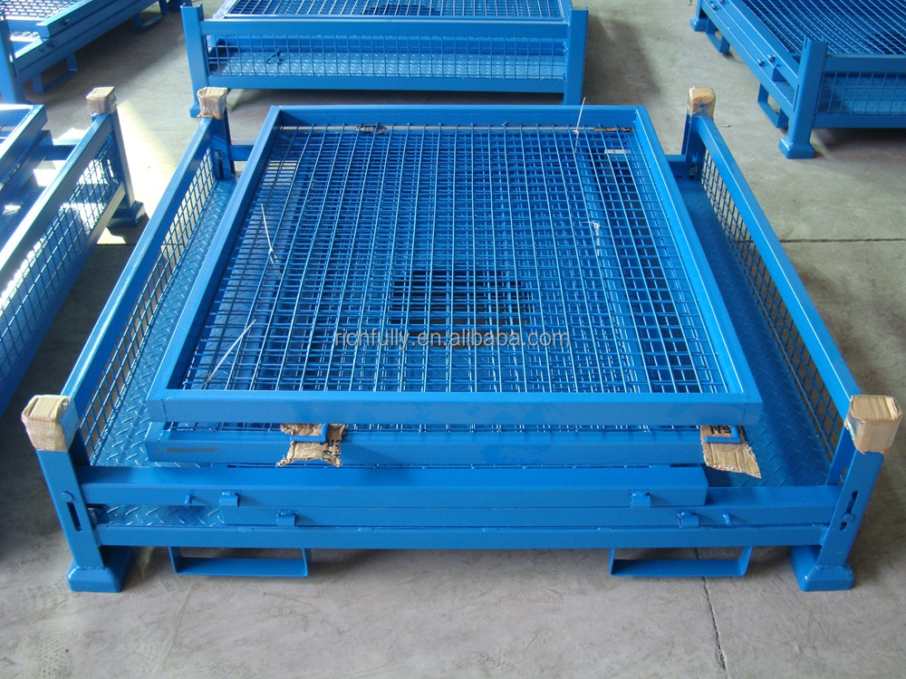 Collapsible steel rolling storage cage with wheels, stackable metal pallet cage