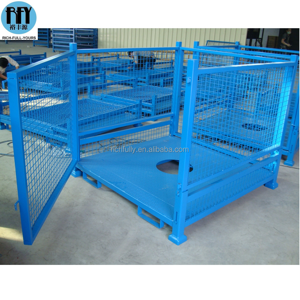 Collapsible steel rolling storage cage with wheels, stackable metal pallet cage