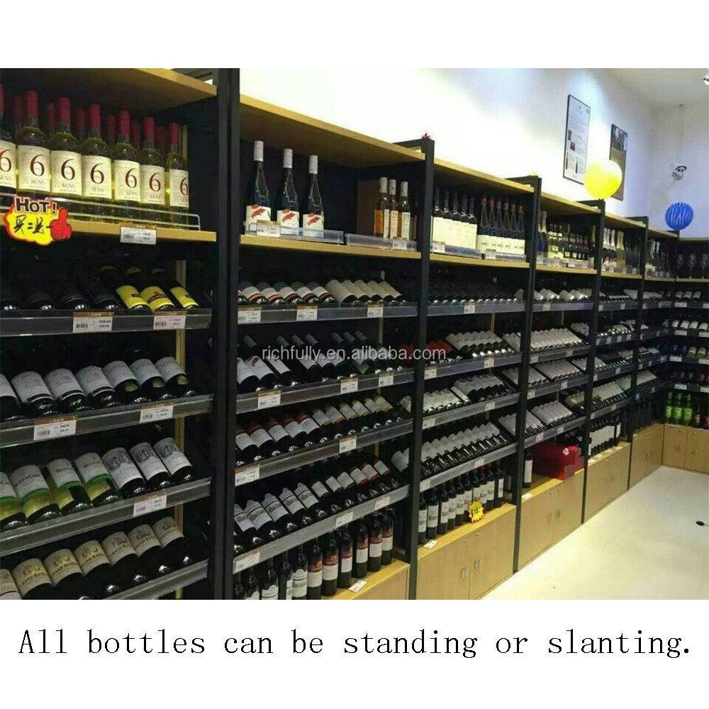 High Quality Wood+Steel Wine Rack with Square top & bottom cabinet for Liquor/Alcohol drinks store display