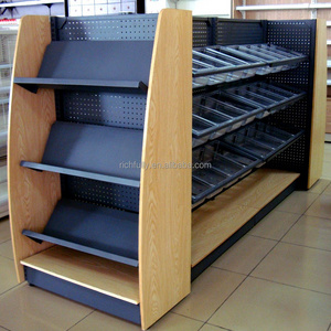 Steel and wood combined shelf stationery display rack for supermarket or store