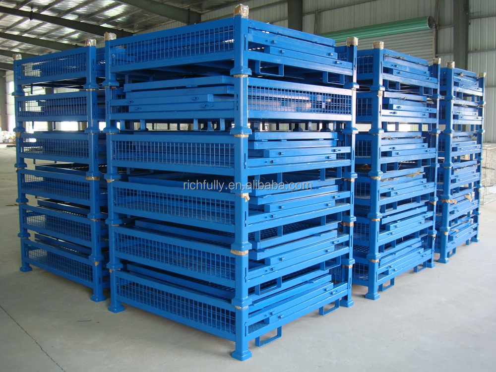 Collapsible steel rolling storage cage with wheels, stackable metal pallet cage