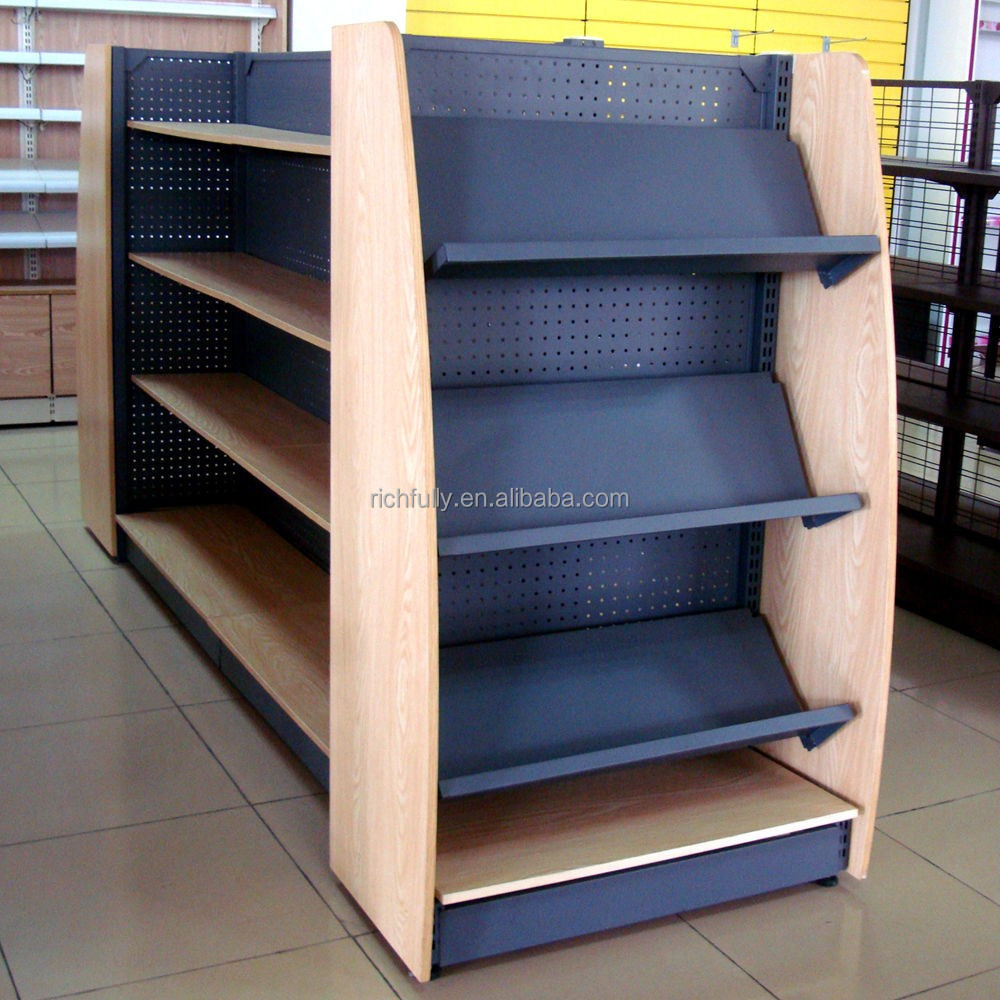 Steel and wood combined shelf stationery display rack for supermarket or store