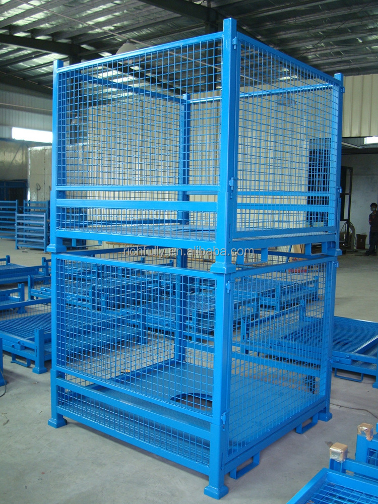 Collapsible steel rolling storage cage with wheels, stackable metal pallet cage