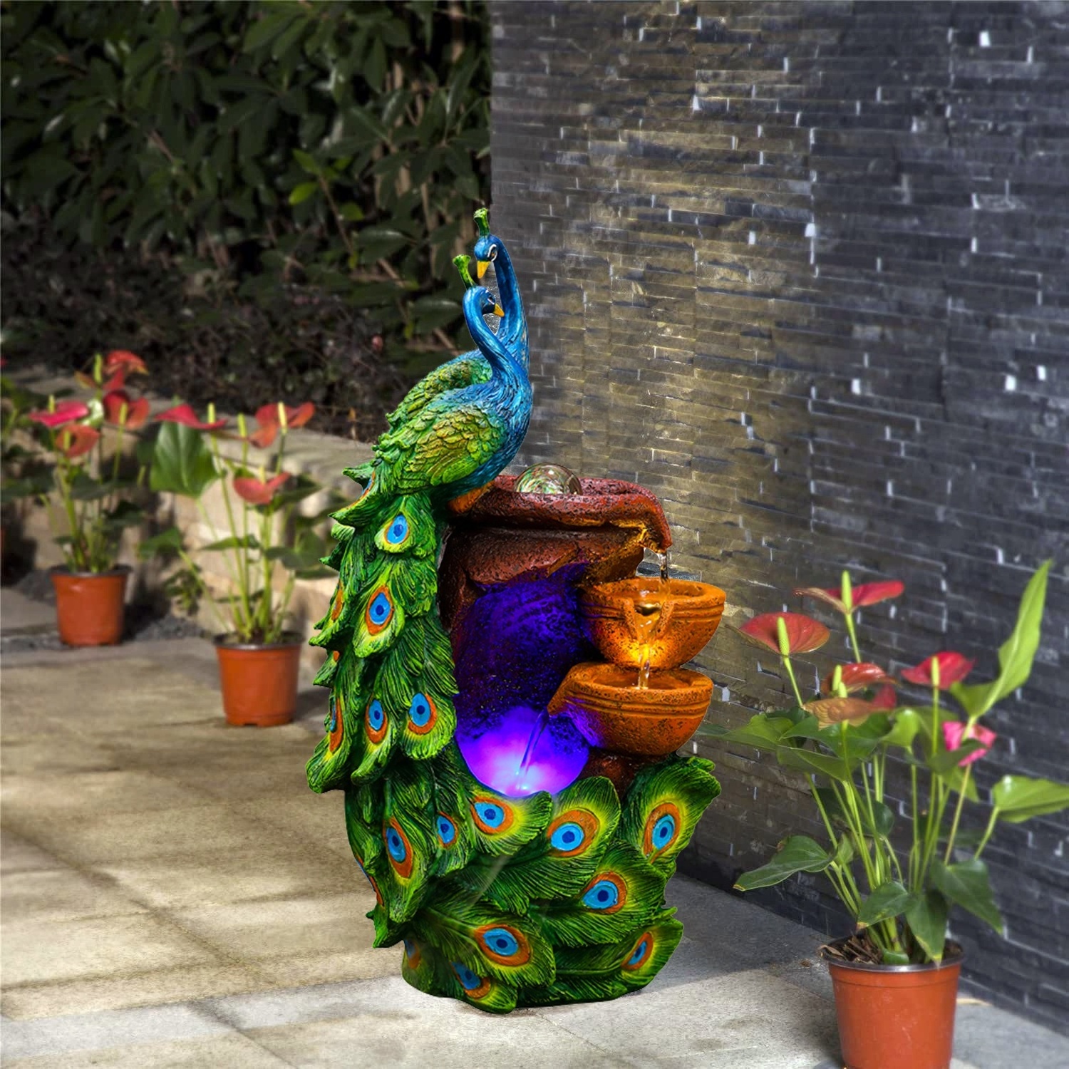 2022 polyresin peacocks fountain with cascading bowls rolling glass ball water feature decoration ornament for home and garden