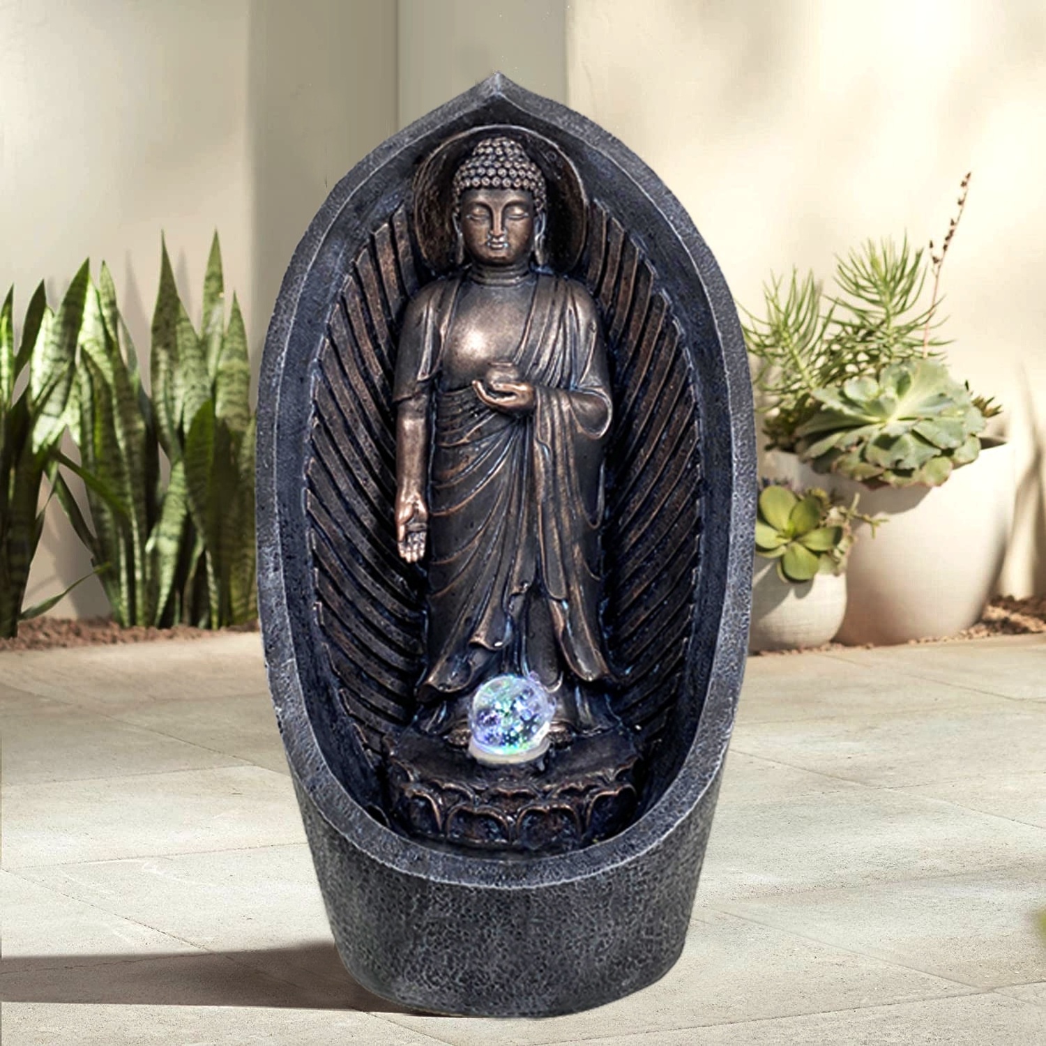 Polyresin indoor outdoor buddha with rolling glass ball water feature asia ZEN buddha water fountain for home and garden lawn