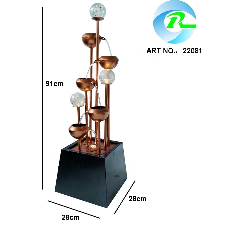 2022 Copper bowls metal waterfall fountain with glass ball modern water feature mult-tiered water feature for indoor and outdoor