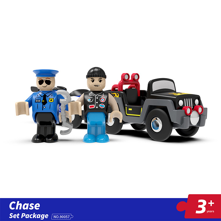 Police arrest game, police car trailer with villains, rich scene chase set, compatible with wooden train tracks