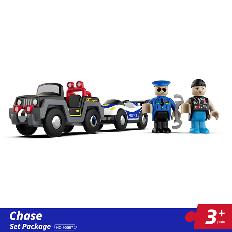 Police arrest game, police car trailer with villains, rich scene chase set, compatible with wooden train tracks