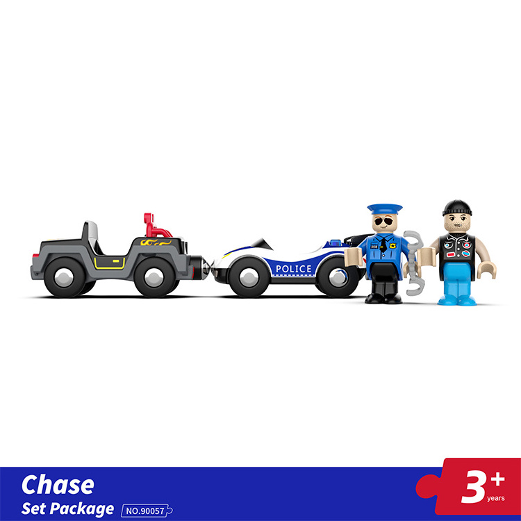 Police arrest game, police car trailer with villains, rich scene chase set, compatible with wooden train tracks